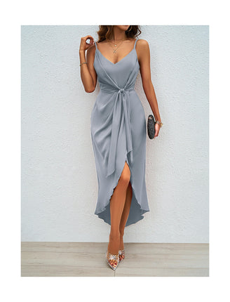 Womens V Neck Sleeveless Beach Tie Strap Smocked Ruffle Midi Dress