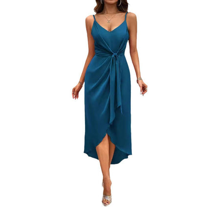 Womens V Neck Sleeveless Beach Tie Strap Smocked Ruffle Midi Dress