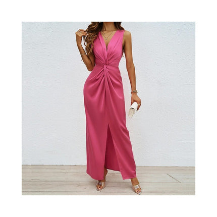 Women V Neck Front Twist Sleeveless Sexy High Slit Party Fomal Maxi Dresses