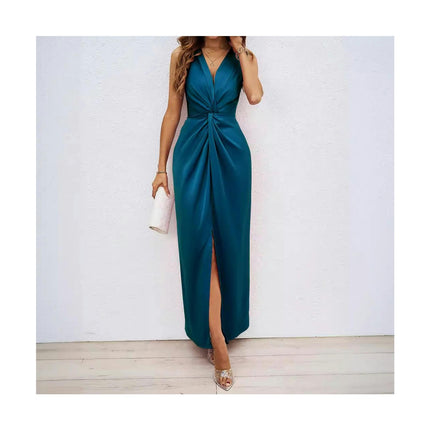 Women V Neck Front Twist Sleeveless Sexy High Slit Party Fomal Maxi Dresses