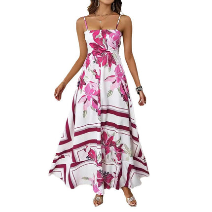 Women's Summer Boho Spaghetti Strap Square Neck A Line Flowy Beach Maxi Dress