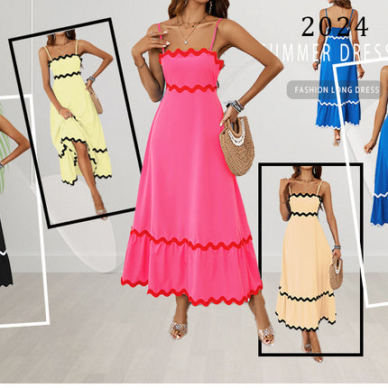 Women's Summer Sleeveless Square Neck Ruffle Flowy Spaghetti Strap Maxi Dress