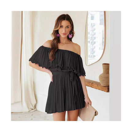 Women's Off Shoulder Ruffle Rompers Dressy Belted Chiffon Pleated Short Jumpsuits Dress