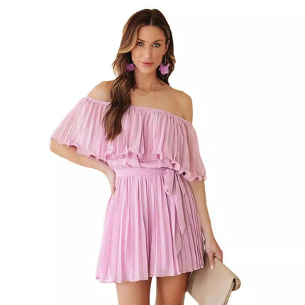 Women's Off Shoulder Ruffle Rompers Dressy Belted Chiffon Pleated Short Jumpsuits Dress