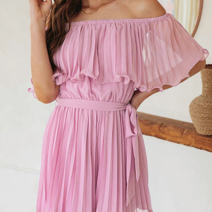 Women's Off Shoulder Ruffle Rompers Dressy Belted Chiffon Pleated Short Jumpsuits Dress