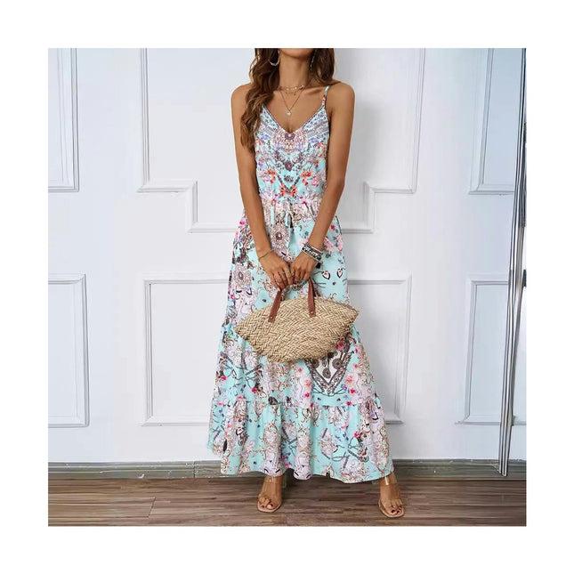 Women's Summer Spaghetti Strap V Neck Beach A Line Flowy Boho Maxi Dresses