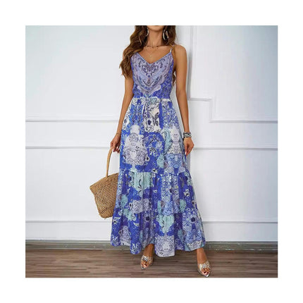 Women's Summer Spaghetti Strap V Neck Beach A Line Flowy Boho Maxi Dresses