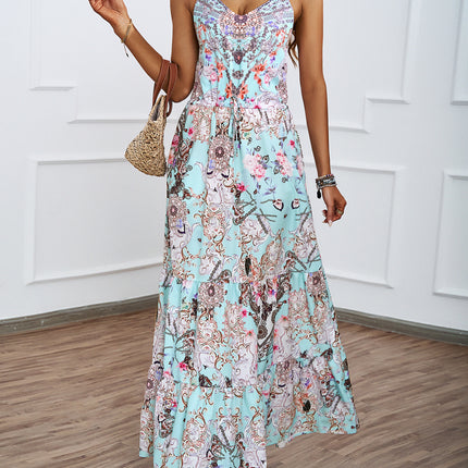 Women's Summer Spaghetti Strap V Neck Beach A Line Flowy Boho Maxi Dresses