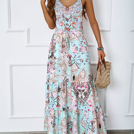 Women's Summer Spaghetti Strap V Neck Beach A Line Flowy Boho Maxi Dresses