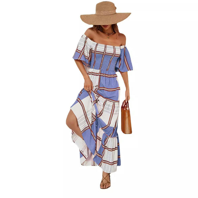 Women's Off Shoulder Short Sleeve Smocked Flowy A Line Boho Maxi Dress