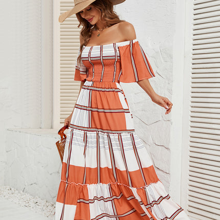 Women's Off Shoulder Short Sleeve Smocked Flowy A Line Boho Maxi Dress