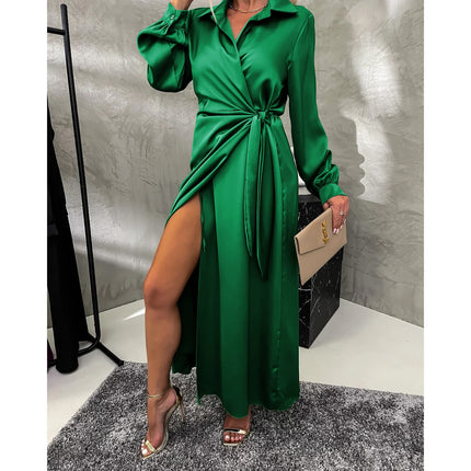 Women's Long Sleeve Shirt Dress Lapel V Neck Tie Waist Ruched Wrap Maxi Dresses