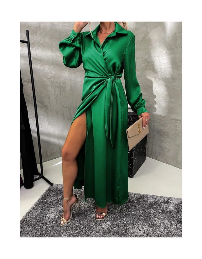 Women's Long Sleeve Shirt Dress Lapel V Neck Tie Waist Ruched Wrap Maxi Dresses