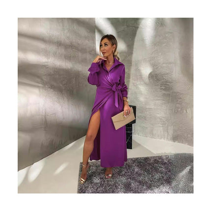 Women's Long Sleeve Shirt Dress Lapel V Neck Tie Waist Ruched Wrap Maxi Dresses