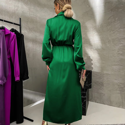 Women's Long Sleeve Shirt Dress Lapel V Neck Tie Waist Ruched Wrap Maxi Dresses