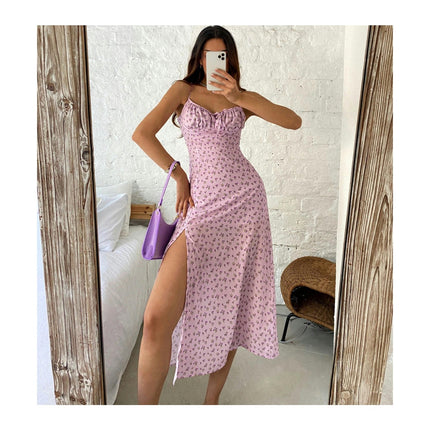 Women's Summer Spaghetti Strap V Neck Wrap Slit Midi Dresses