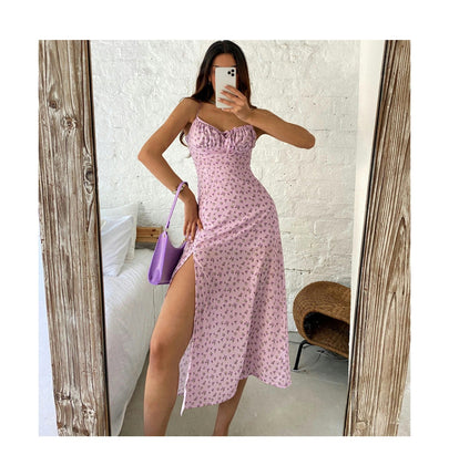 Women's Summer Spaghetti Strap V Neck Wrap Slit Midi Dresses