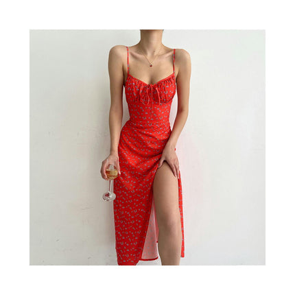 Women's Summer Spaghetti Strap V Neck Wrap Slit Midi Dresses