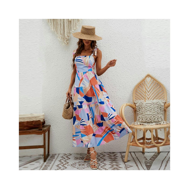 Women's Summer Sleeveless Spaghetti Strap Ruffle Flowy Beach Long Dress