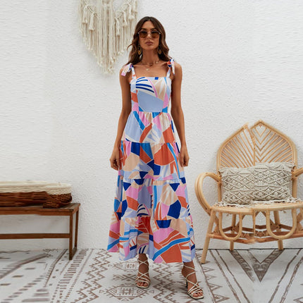 Women's Summer Sleeveless Spaghetti Strap Ruffle Flowy Beach Long Dress