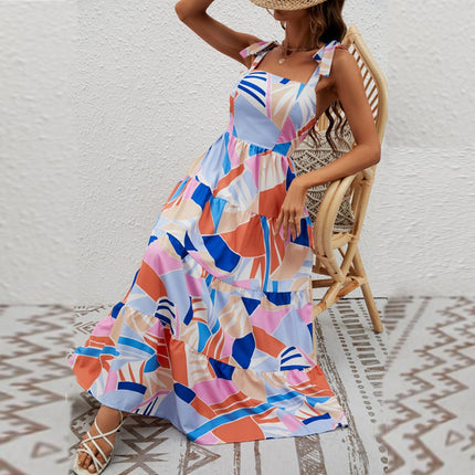 Women's Summer Sleeveless Spaghetti Strap Ruffle Flowy Beach Long Dress