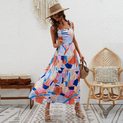 Women's Summer Sleeveless Spaghetti Strap Ruffle Flowy Beach Long Dress