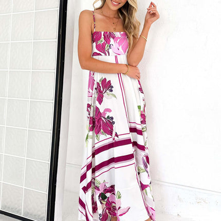 Womens Summer Boho Sleeveless Spaghetti Strap Floral A Line Beach Maxi Dress