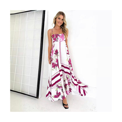 Womens Summer Boho Sleeveless Spaghetti Strap Floral A Line Beach Maxi Dress