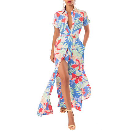 Women's Summer Boho Button Up V Neck Short Sleeve Tie Waist Split Shirt Maxi Dress