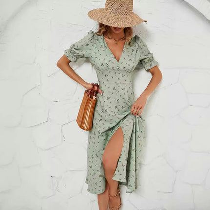 Women's Floral Print Wrap V Neck Short Sleeve Slit Hem Long Flared Dress