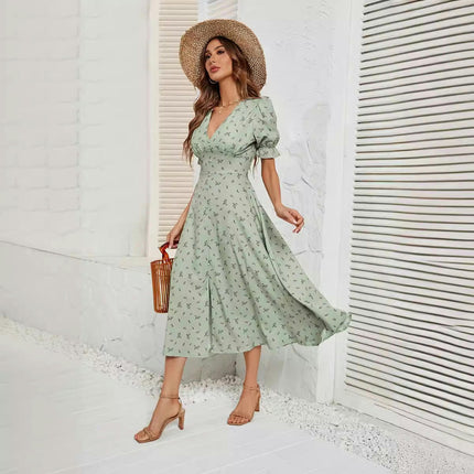 Women's Floral Print Wrap V Neck Short Sleeve Slit Hem Long Flared Dress