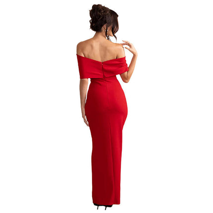 Women's Sexy Off Shoulder Sleeveless Ruched High Split Cocktail Party Maxi Bodycon Dress