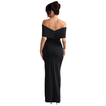 Women's Sexy Off Shoulder Sleeveless Ruched High Split Cocktail Party Maxi Bodycon Dress