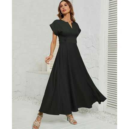 Women's Summer Wrap V Neck Short Sleeve A-Line Flowy Long Dress