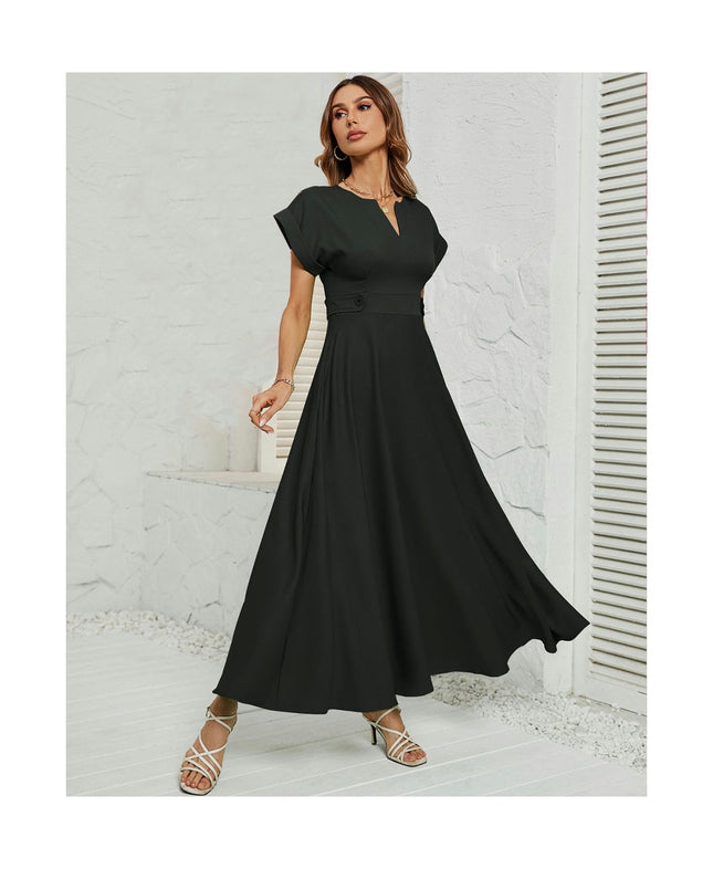 Women's Summer Wrap V Neck Short Sleeve A-Line Flowy Long Dress