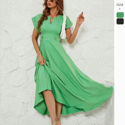 Women's Summer Wrap V Neck Short Sleeve A-Line Flowy Long Dress