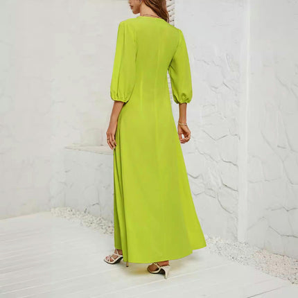 Women's Button Up V Neck Half Sleeve Split Flowy Plain Maxi Dress