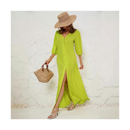 Women's Button Up V Neck Half Sleeve Split Flowy Plain Maxi Dress