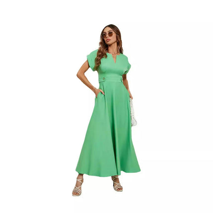 Women's Summer Wrap V Neck Short Sleeve A-Line Flowy Long Dress