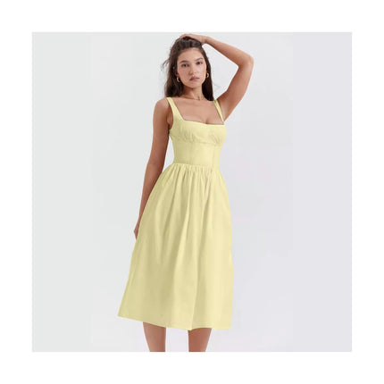 Women's Sexy Ruched Wrap Spaghetti Strap Square Neck A-Line Midi Dress