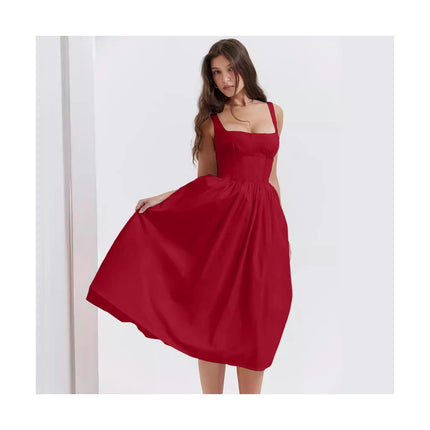 Women's Sexy Ruched Wrap Spaghetti Strap Square Neck A-Line Midi Dress