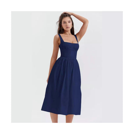 Women's Sexy Ruched Wrap Spaghetti Strap Square Neck A-Line Midi Dress