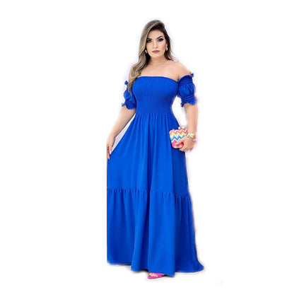 Women Sexy Off Shoulder Smocked Tiered Ruffle Flowy Maxi Dress