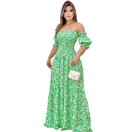 Women Sexy Off Shoulder Smocked Tiered Ruffle Flowy Maxi Dress