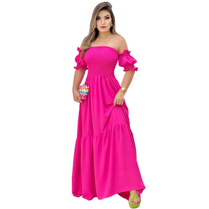 Women Sexy Off Shoulder Smocked Tiered Ruffle Flowy Maxi Dress