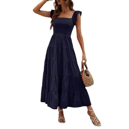 Women's Summer Square Neck Boho Tiered Ruffle Flowy Beach Long Dress