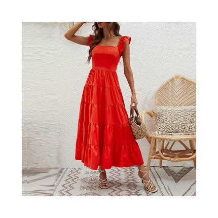 Women's Summer Square Neck Boho Tiered Ruffle Flowy Beach Long Dress