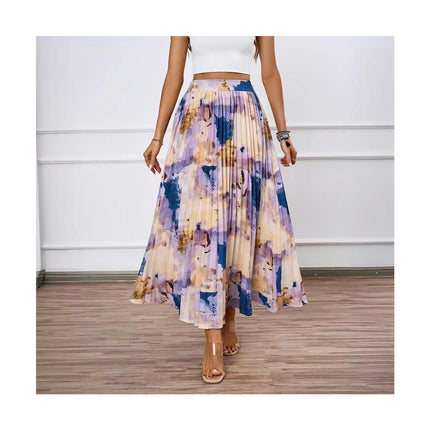 Womens Elastic High Waisted A Line Print Pleated Shirring Midi-Long Skirt