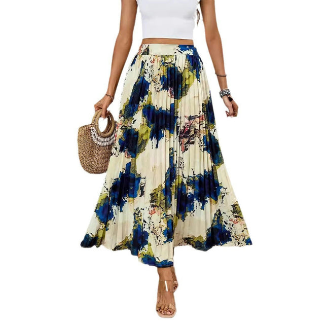 Womens Elastic High Waisted A Line Print Pleated Shirring Midi-Long Skirt