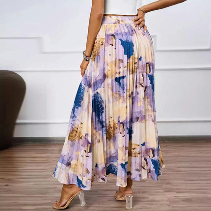 Womens Elastic High Waisted A Line Print Pleated Shirring Midi-Long Skirt